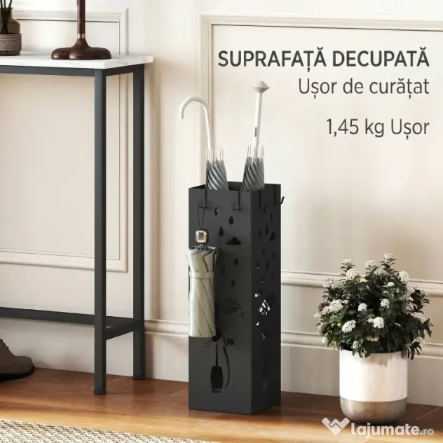 HOMCOM Suport de Umbrele Pătrat din Metal pentru Intrare, Suport Autoportant cu Tavă Detașabilă și 4 Cârlige, pentru Interior și Exterior, 15.5x15.5x49 cm, Negru | Aosom Romania