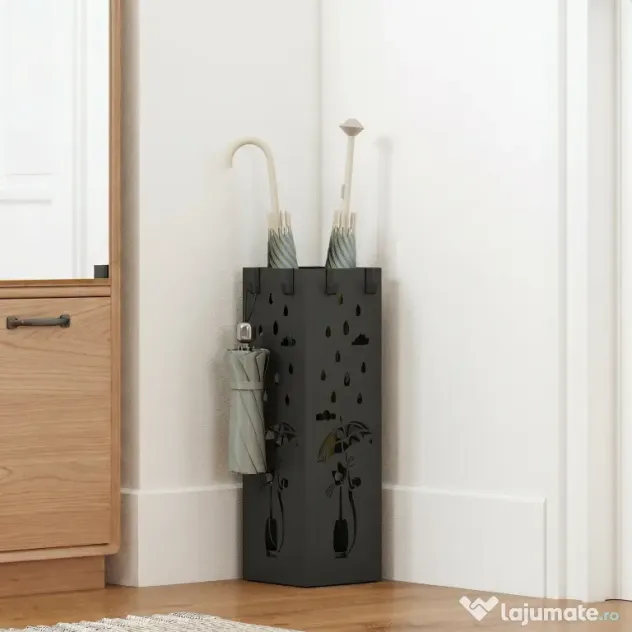 HOMCOM Suport de Umbrele Pătrat din Metal pentru Intrare, Suport Autoportant cu Tavă Detașabilă și 4 Cârlige, pentru Interior și Exterior, 15.5x15.5x49 cm, Negru | Aosom Romania