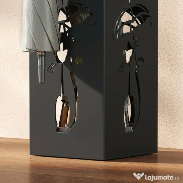 HOMCOM Suport de Umbrele Pătrat din Metal pentru Intrare, Suport Autoportant cu Tavă Detașabilă și 4 Cârlige, pentru Interior și Exterior, 15.5x15.5x49 cm, Negru | Aosom Romania