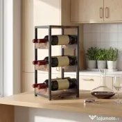HOMCOM Suport Vin, Rafturi Ondulate, Picioare Reglabile, Maro Rustic, Negru | Aosom Romania 