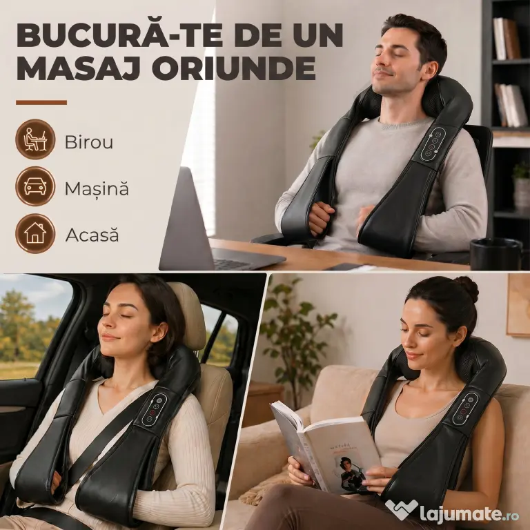 HOMCOM Masajer Cervical cu Încălzire pentru Spate, Gât și Umeri, Schimbare Automată a Direcției, Negru | Aosom Romania