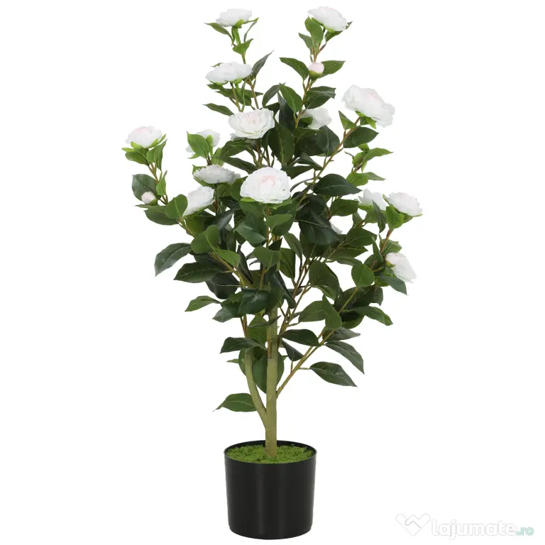 HOMCOM Plantă Artificială Camelie, Flori Realiste, 176 Frunze PEVA, Ghiveci PP, Alb