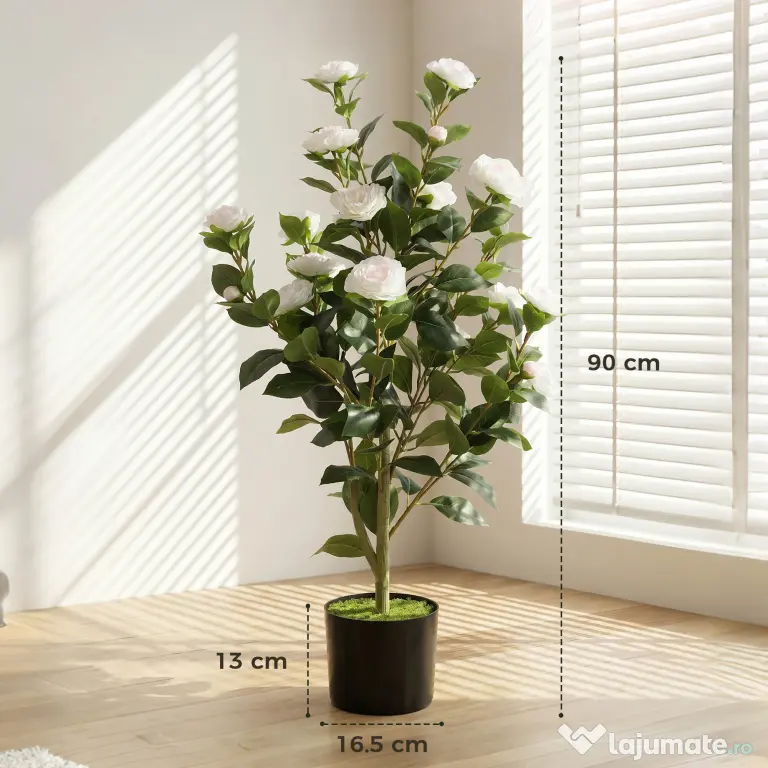 HOMCOM Plantă Artificială Camelie, Flori Realiste, 176 Frunze PEVA, Ghiveci PP, Alb