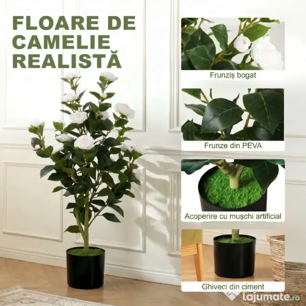 HOMCOM Plantă Artificială Camelie, Flori Realiste, 176 Frunze PEVA, Ghiveci PP, Alb