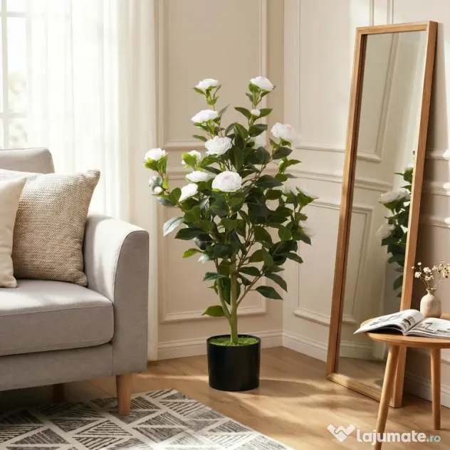 HOMCOM Plantă Artificială Camelie, Flori Realiste, 176 Frunze PEVA, Ghiveci PP, Alb