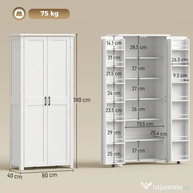 HOMCOM Dulap Modern de Bucătărie: Roți, 2 Uși, 14 Suporturi, Alb. | Aosom Romania