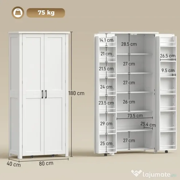 HOMCOM Dulap Modern de Bucătărie: Roți, 2 Uși, 14 Suporturi, Alb. | Aosom Romania