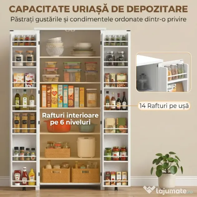 HOMCOM Dulap Modern de Bucătărie: Roți, 2 Uși, 14 Suporturi, Alb. | Aosom Romania