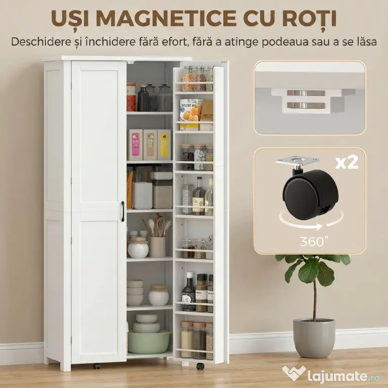 HOMCOM Dulap Modern de Bucătărie: Roți, 2 Uși, 14 Suporturi, Alb. | Aosom Romania