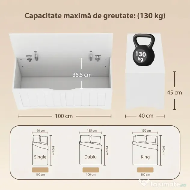 HOMCOM Bancă de Depozitare cu cu 2 Balamale de Siguranță 100 cm, PAL, Alb | Aosom Romania