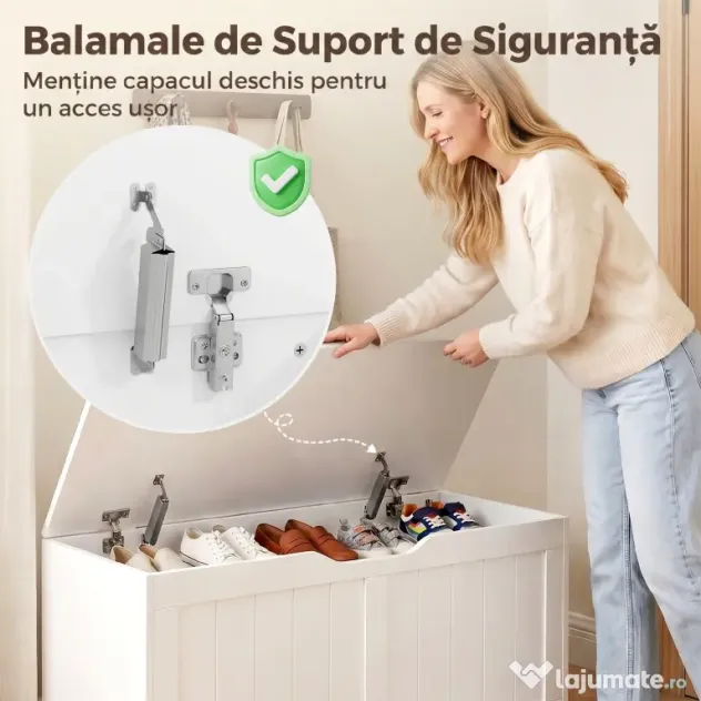 HOMCOM Bancă de Depozitare cu cu 2 Balamale de Siguranță 100 cm, PAL, Alb | Aosom Romania