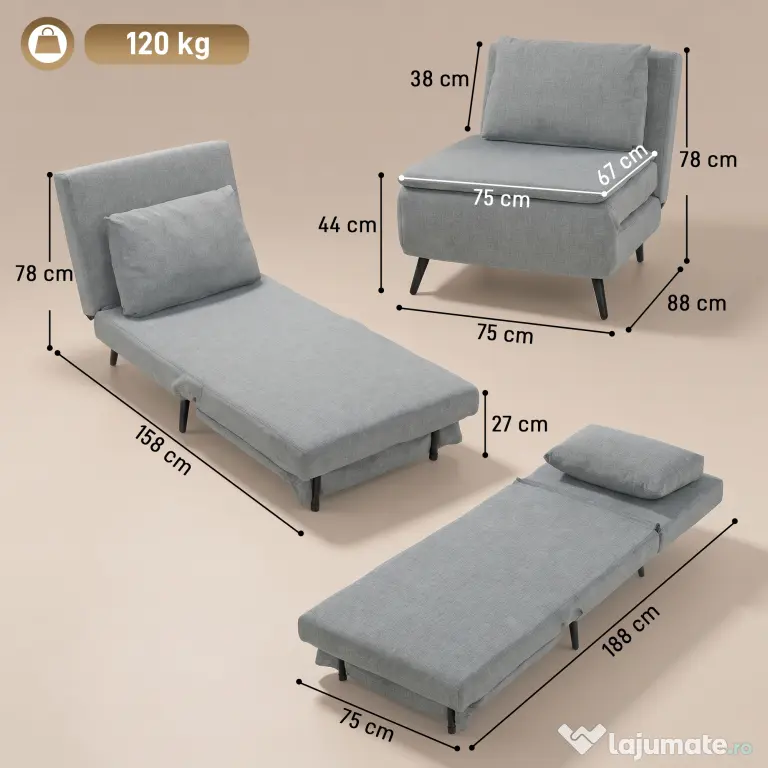 HOMCOM Fotoliu Pat cu Spătar Reglabil 3 Poziții, Pernă Detașabilă din Țesătură cu Aspect de In, Gri Deschis | Aosom Romania