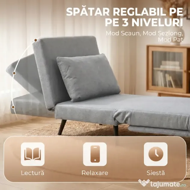 HOMCOM Fotoliu Pat cu Spătar Reglabil 3 Poziții, Pernă Detașabilă din Țesătură cu Aspect de In, Gri Deschis | Aosom Romania