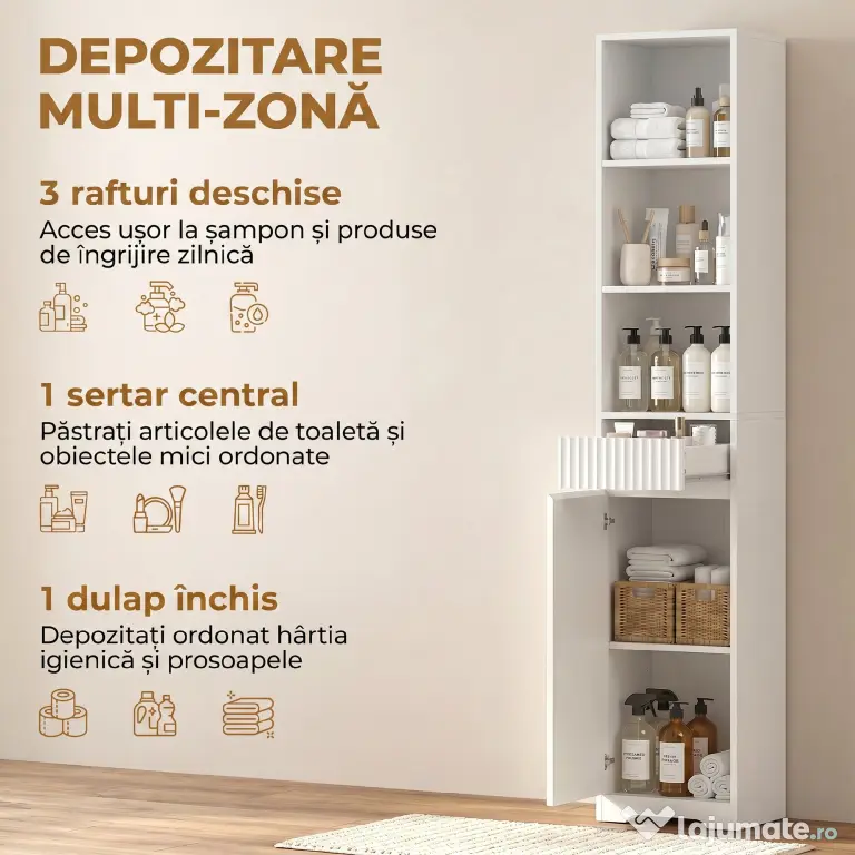 HOMCOM Dulap de Baie Înalt, Dulap Independent cu Raft Reglabil | Aosom Romania