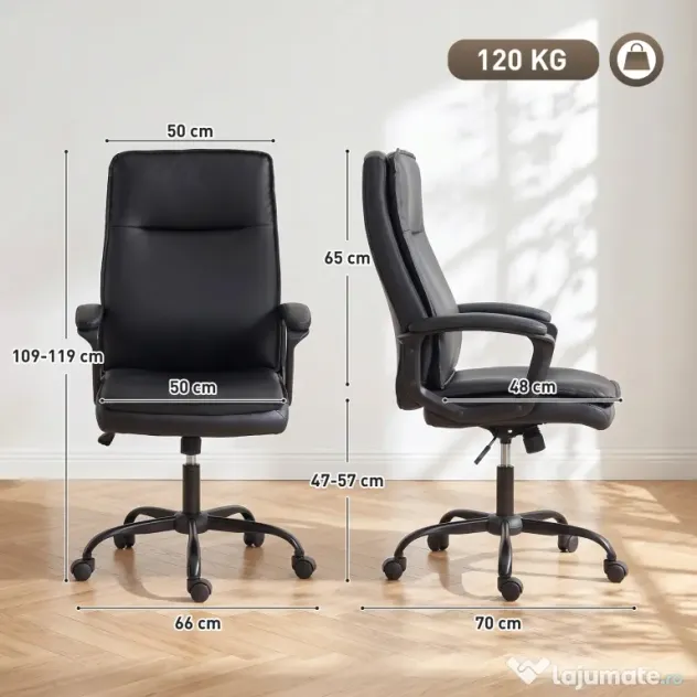 HOMCOM Scaun de Birou Rotativ din Piele PU, Funcție Legănare, Spătar Înalt, Reglabil pe Înălțime, Suportă 120 kg, Negru | Aosom Romania