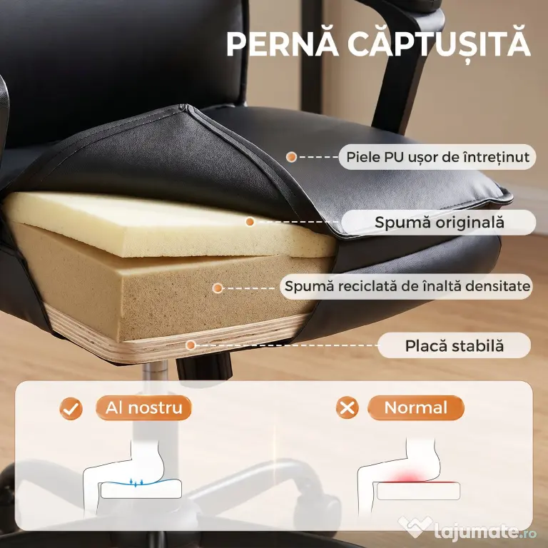 HOMCOM Scaun de Birou Rotativ din Piele PU, Funcție Legănare, Spătar Înalt, Reglabil pe Înălțime, Suportă 120 kg, Negru | Aosom Romania