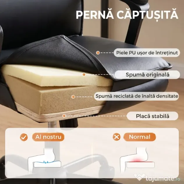 HOMCOM Scaun de Birou Rotativ din Piele PU, Funcție Legănare, Spătar Înalt, Reglabil pe Înălțime, Suportă 120 kg, Negru | Aosom Romania