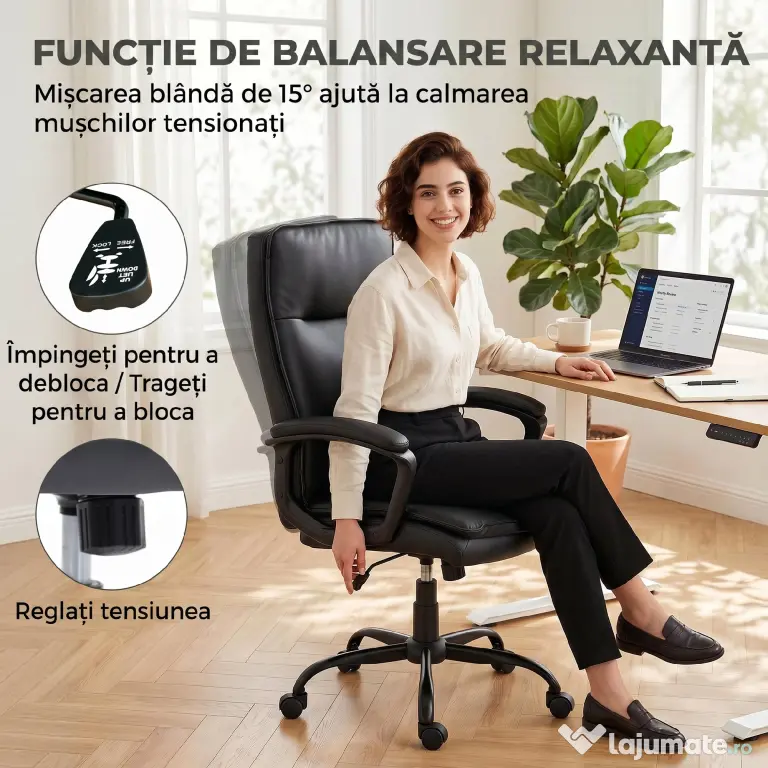 HOMCOM Scaun de Birou Rotativ din Piele PU, Funcție Legănare, Spătar Înalt, Reglabil pe Înălțime, Suportă 120 kg, Negru | Aosom Romania
