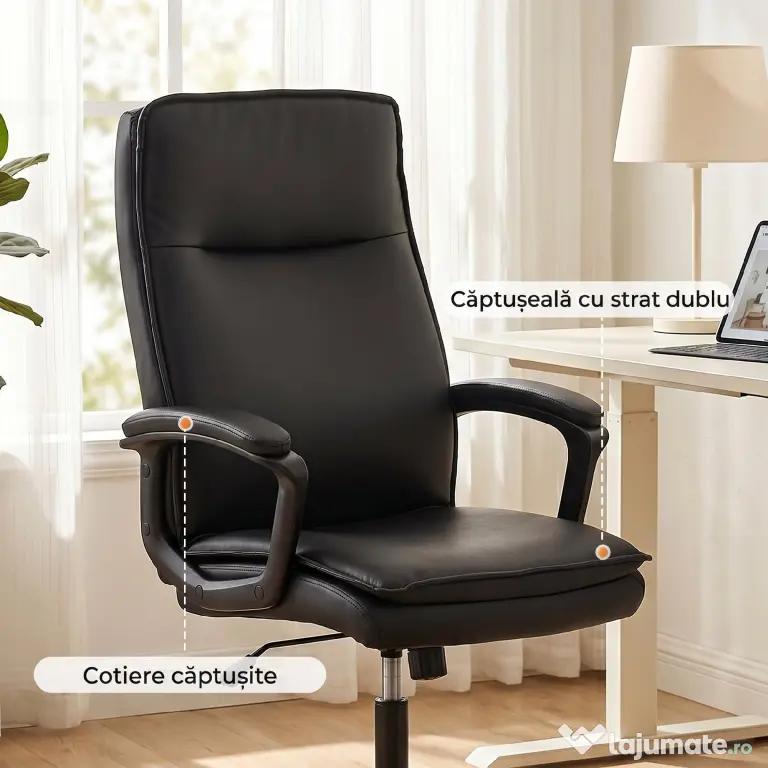 HOMCOM Scaun de Birou Rotativ din Piele PU, Funcție Legănare, Spătar Înalt, Reglabil pe Înălțime, Suportă 120 kg, Negru | Aosom Romania