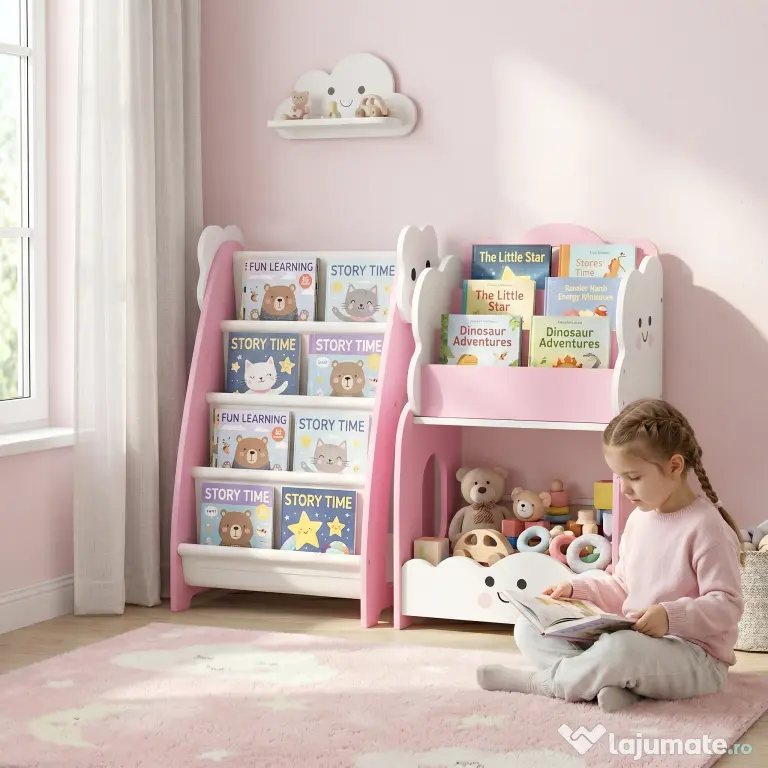 AIYAPLAY Bibliotecă Copii 3-în-1, 4 Compartimente, 3 Rafturi, Noptieră pentru Cameră, Roz. | Aosom Romania