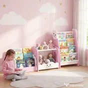 AIYAPLAY Bibliotecă Copii 3-în-1, 4 Compartimente, 3 Rafturi, Noptieră pentru Cameră, Roz. | Aosom Romania