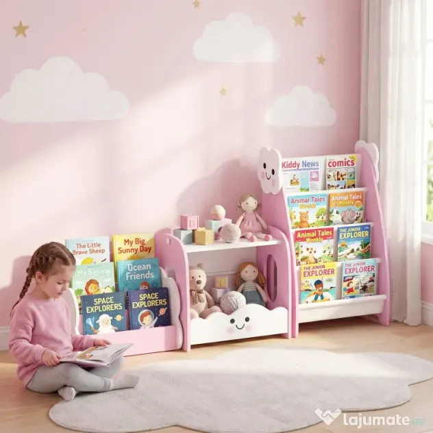 AIYAPLAY Bibliotecă Copii 3-în-1, 4 Compartimente, 3 Rafturi, Noptieră pentru Cameră, Roz. | Aosom Romania