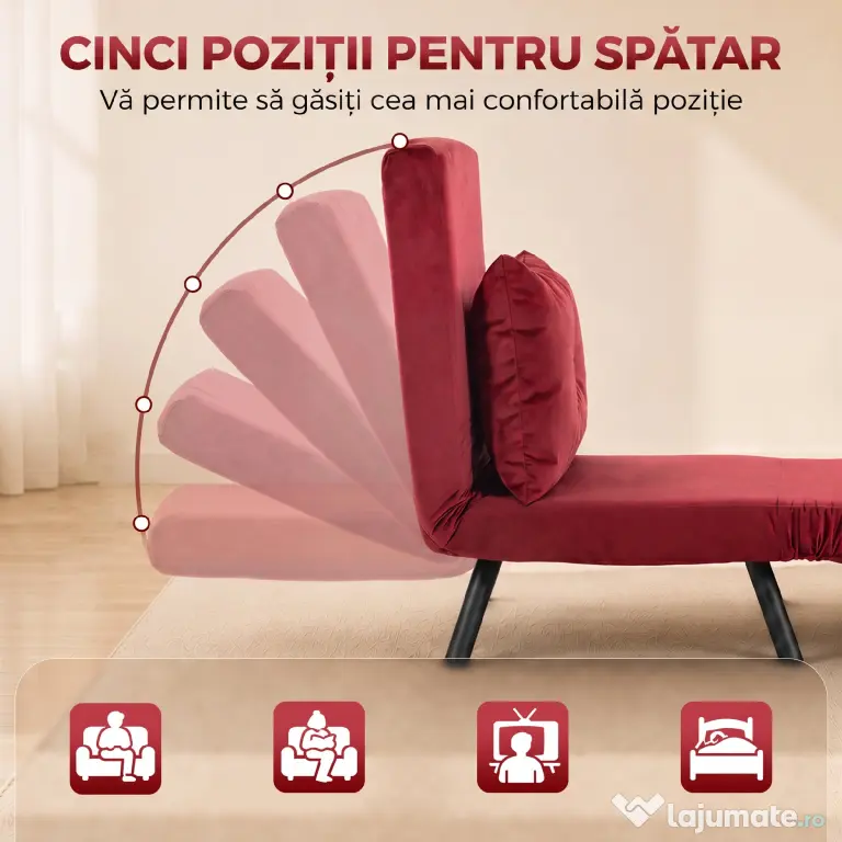 HOMCOM Fotoliu Pat Pliabil cu Spătar Reglabil, pentru O Persoană, Roșu Vișiniu | Aosom Romania