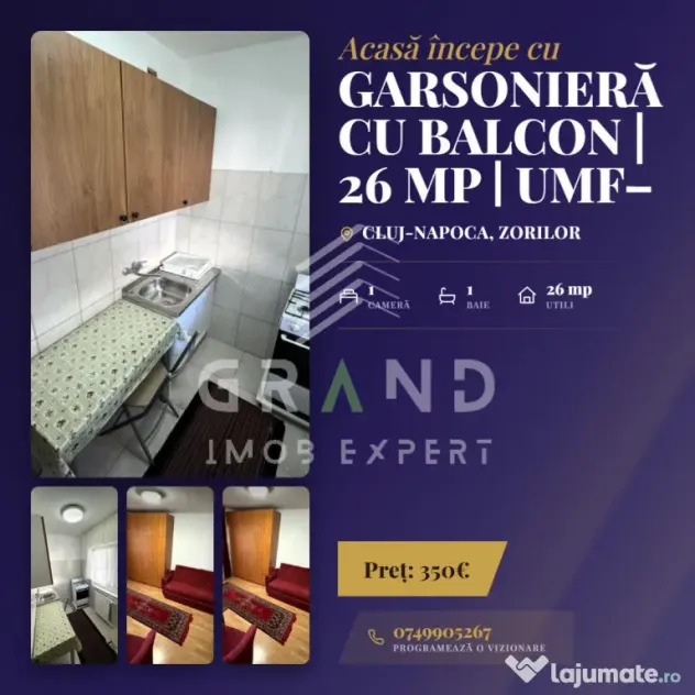 Garsonieră cu BALCON | 26 mp | UMF–Zorilor/P-ța Zorilor