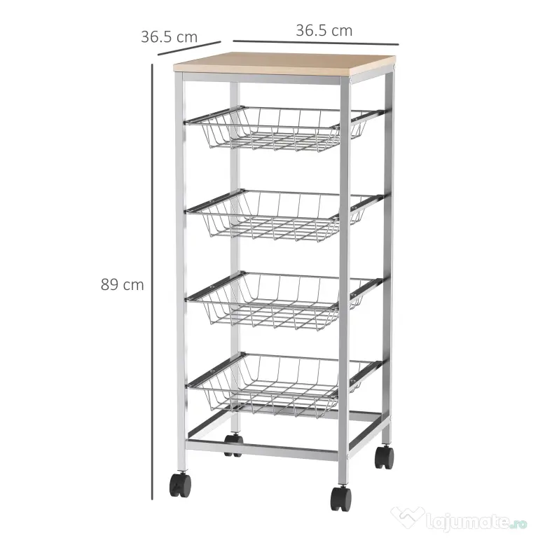 HOMCOM Cărucior de Bucătărie cu 4 Coșuri Detașabile pentru Alimente, 36,5x36,5x89 cm, Argintiu