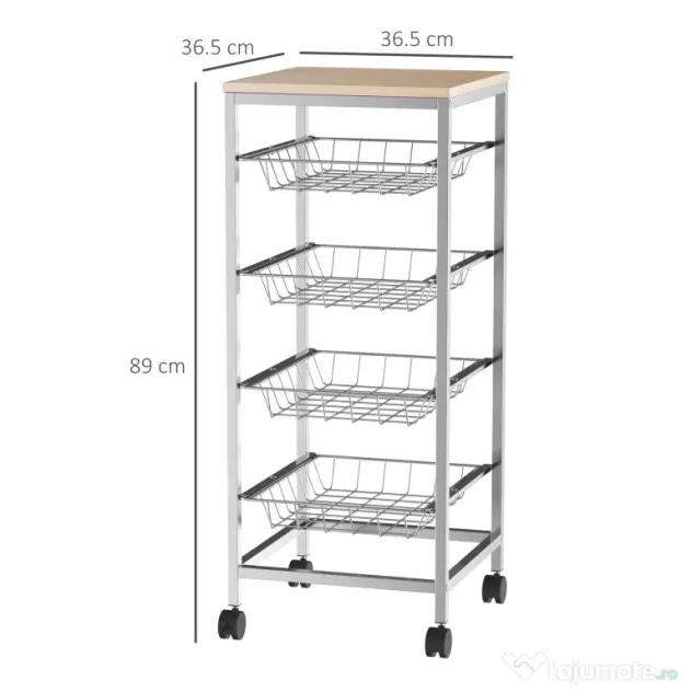 HOMCOM Cărucior de Bucătărie cu 4 Coșuri Detașabile pentru Alimente, 36,5x36,5x89 cm, Argintiu
