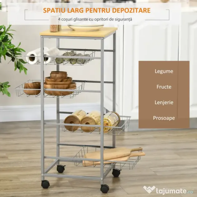 HOMCOM Cărucior de Bucătărie cu 4 Coșuri Detașabile pentru Alimente, 36,5x36,5x89 cm, Argintiu