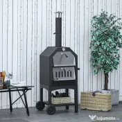 Outsunny Cuptor Pizza & Gratar Carbuni 64×54×160 cm – Inox pentru Exterior 
