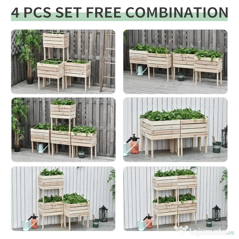 Outsunny Ghiveci de Gradina Ridicat cu 4 Ghiveci pentru Plante de 50x30x60cm din Lemn
