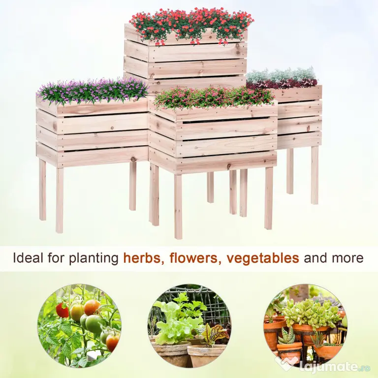 Outsunny Ghiveci de Gradina Ridicat cu 4 Ghiveci pentru Plante de 50x30x60cm din Lemn