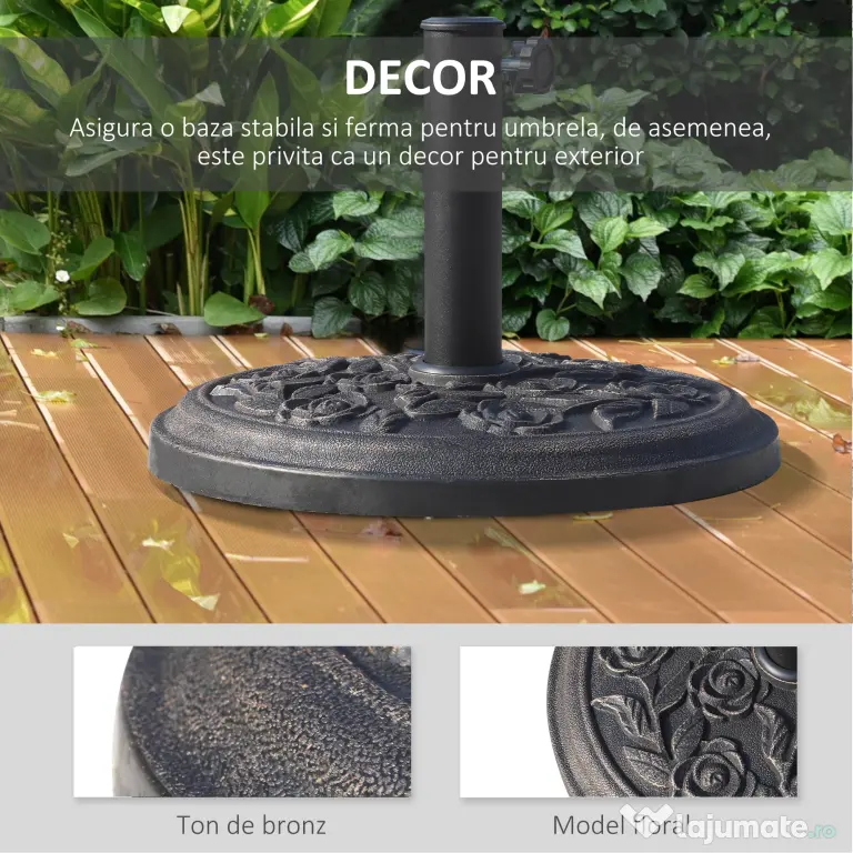 Outsunny Suport de Grădină pentru Umbrelă 9kg, Bază din Rășină Rezistentă cu Efect Bronz Antic, Ø45.5x31.5 cm, Negru