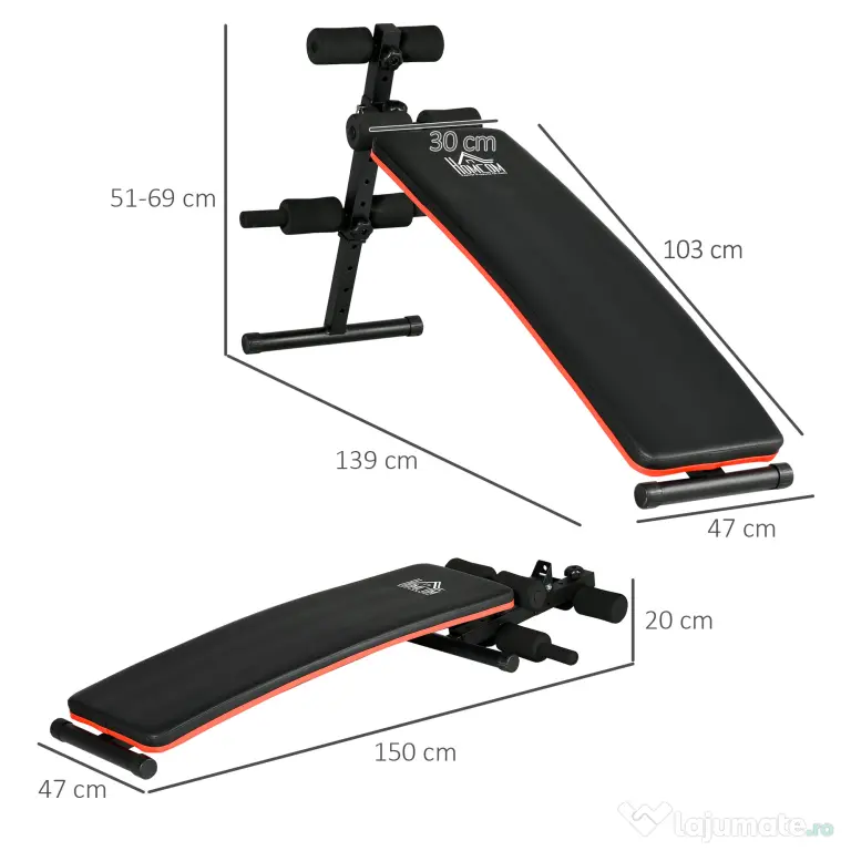 HOMCOM Bancă pentru Abdomene Pliabilă și Reglabilă cu Spătar Tapițat, 47x139x51-69cm, Negru și Roșu