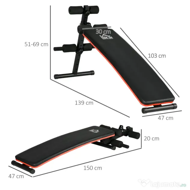 HOMCOM Bancă pentru Abdomene Pliabilă și Reglabilă cu Spătar Tapițat, 47x139x51-69cm, Negru și Roșu