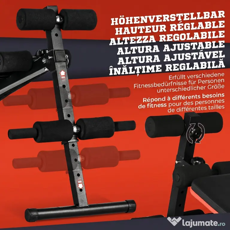 HOMCOM Bancă pentru Abdomene Pliabilă și Reglabilă cu Spătar Tapițat, 47x139x51-69cm, Negru și Roșu