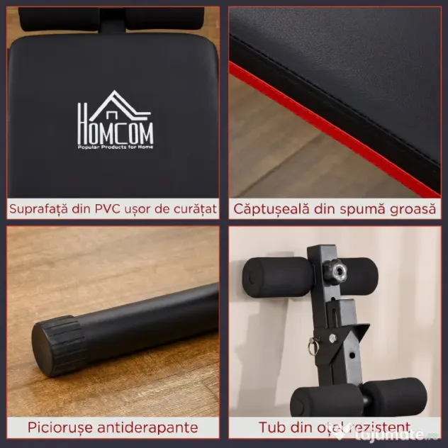 HOMCOM Bancă pentru Abdomene Pliabilă și Reglabilă cu Spătar Tapițat, 47x139x51-69cm, Negru și Roșu