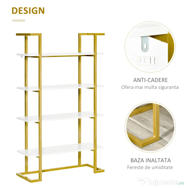 Homcom Raft 4 Niveluri – Lemn & Otel Auriu, Elegant si Multifunctional