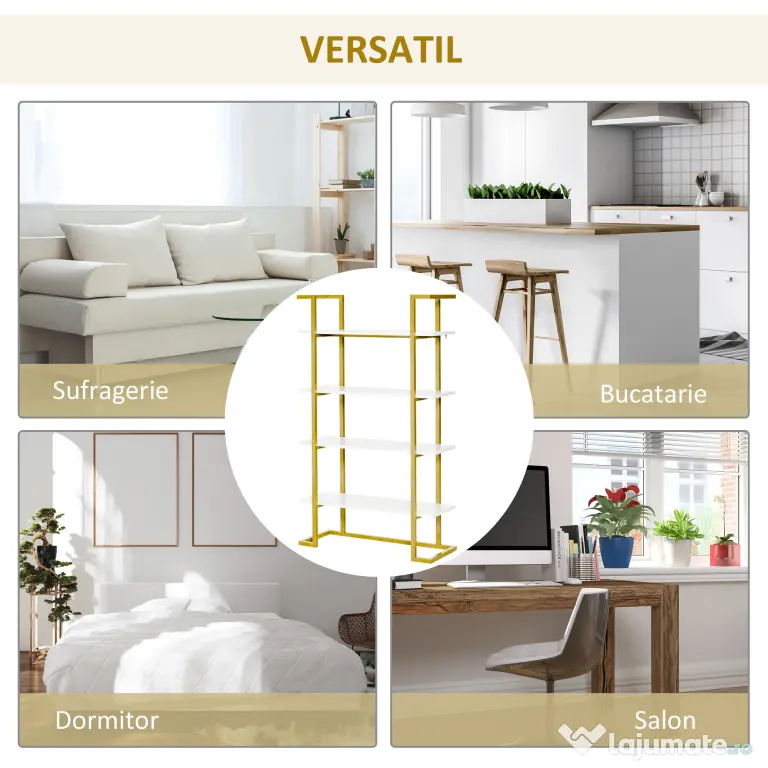 Homcom Raft 4 Niveluri – Lemn & Otel Auriu, Elegant si Multifunctional