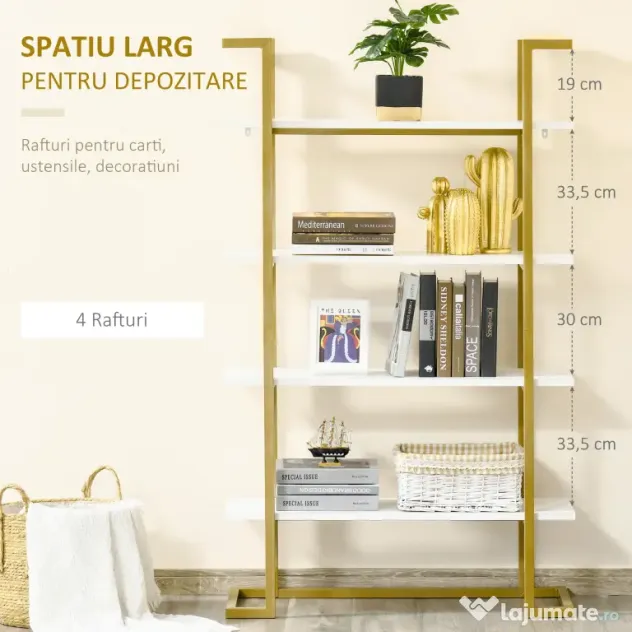 Homcom Raft 4 Niveluri – Lemn & Otel Auriu, Elegant si Multifunctional
