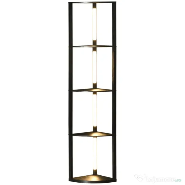 HOMCOM Lampadar Coloană din MDF cu 4 Rafturi și Iluminare LED de 3000K, 41x29.5x163.5 cm, Negru