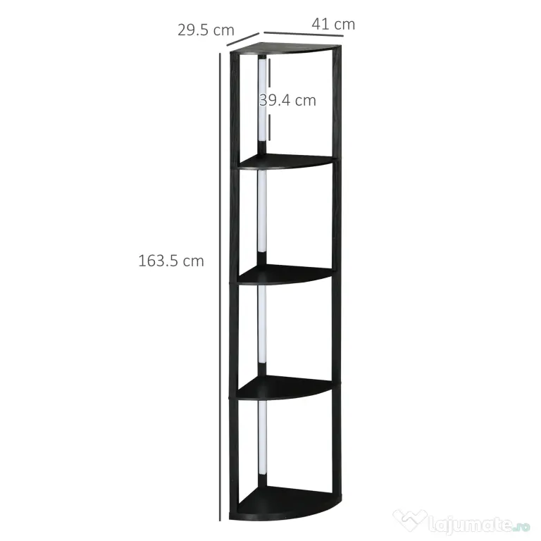 HOMCOM Lampadar Coloană din MDF cu 4 Rafturi și Iluminare LED de 3000K, 41x29.5x163.5 cm, Negru