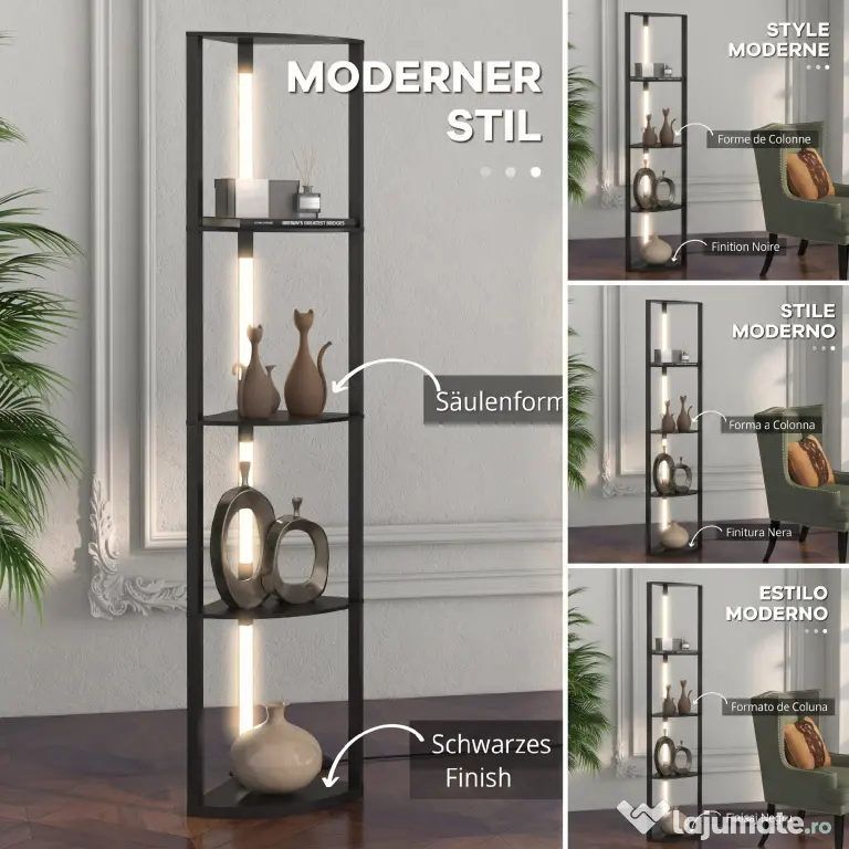 HOMCOM Lampadar Coloană din MDF cu 4 Rafturi și Iluminare LED de 3000K, 41x29.5x163.5 cm, Negru