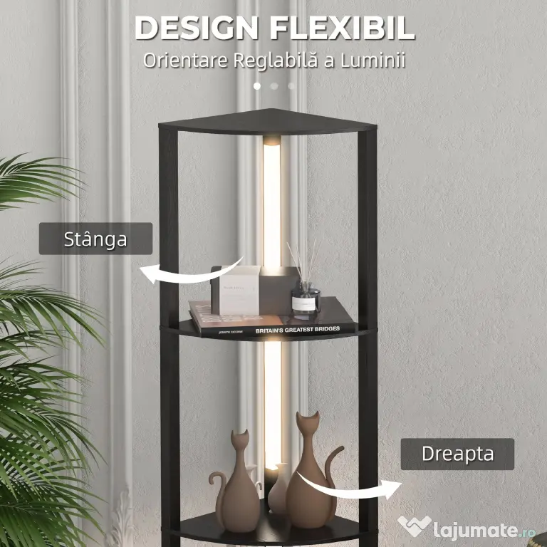 HOMCOM Lampadar Coloană din MDF cu 4 Rafturi și Iluminare LED de 3000K, 41x29.5x163.5 cm, Negru