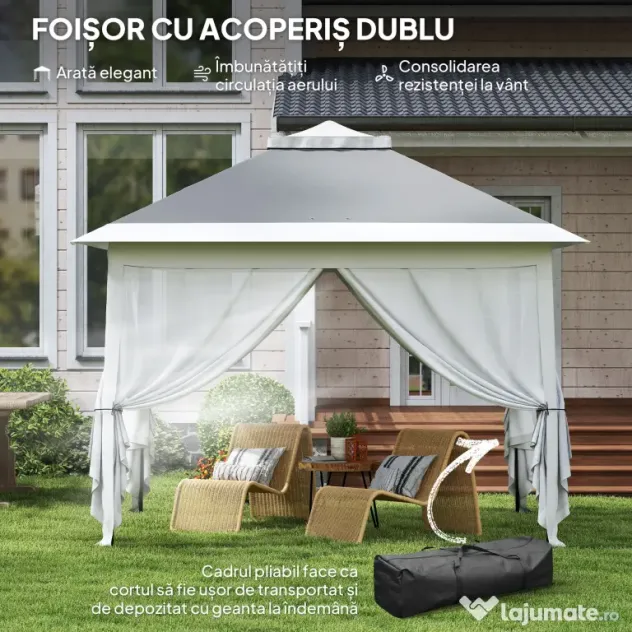 Outsunny Foișor Pliabil cu Plasă de Țânțari, Baldachin Dublu, Înălțime Reglabilă și Geantă, 330x330x288 cm, Bej