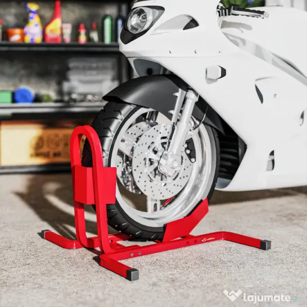 HOMCOM Suport pentru Motocicletă Reglabil pe 3 Nivele, Sistem de Blocare Roți Motocicletă în Metal cu Găuri, 60x55x43 cm, Negru