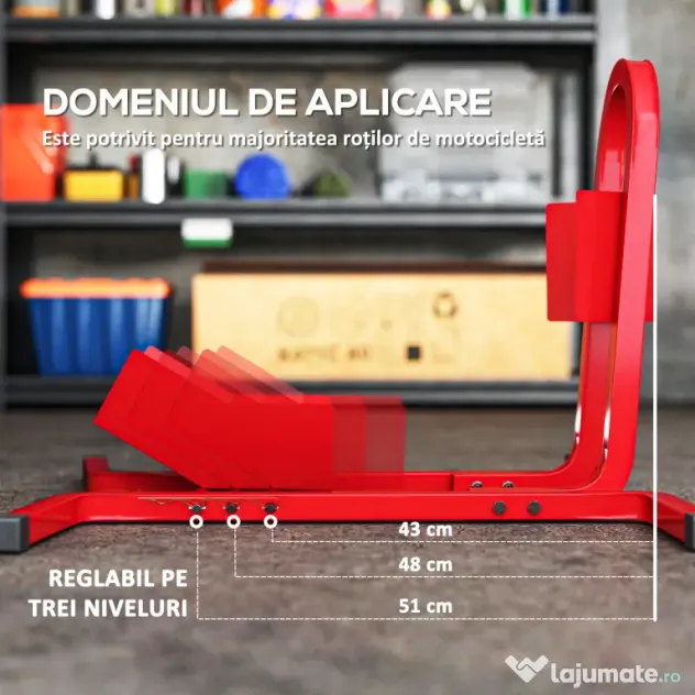 HOMCOM Suport pentru Motocicletă Reglabil pe 3 Nivele, Sistem de Blocare Roți Motocicletă în Metal cu Găuri, 60x55x43 cm, Negru