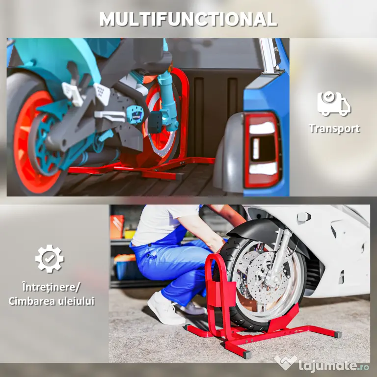 HOMCOM Suport pentru Motocicletă Reglabil pe 3 Nivele, Sistem de Blocare Roți Motocicletă în Metal cu Găuri, 60x55x43 cm, Negru